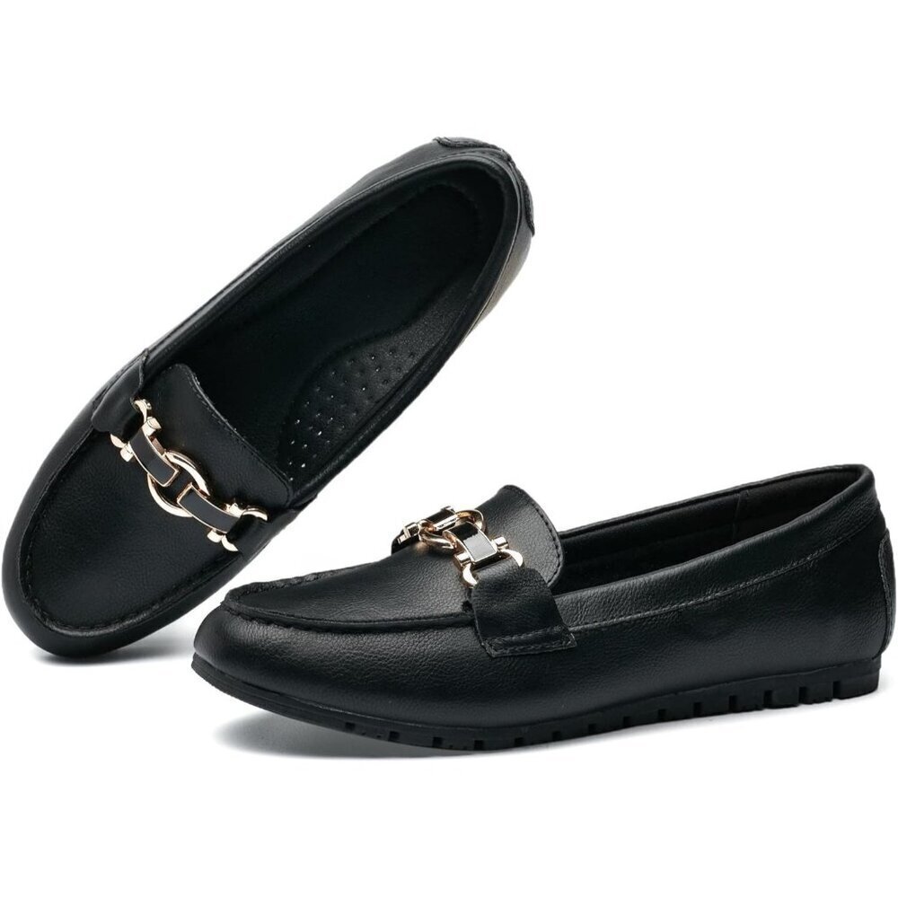 Womens Leather-black BLACK PEBBLE Slip On Comfort Chunky Heel Lug Sole Loafers